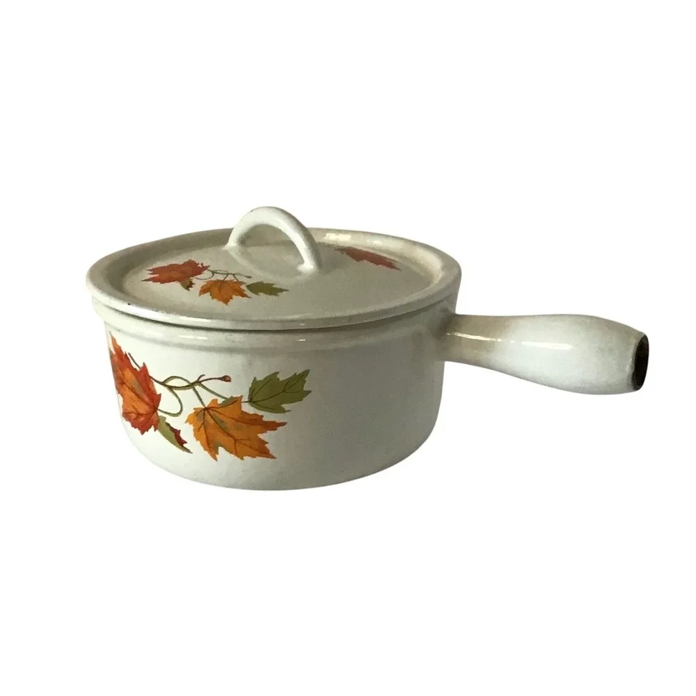 Vintage Descoware Belgium Enameled Cast Iron Sauce Pan Maple‎ Leaf 16 Lid Cream